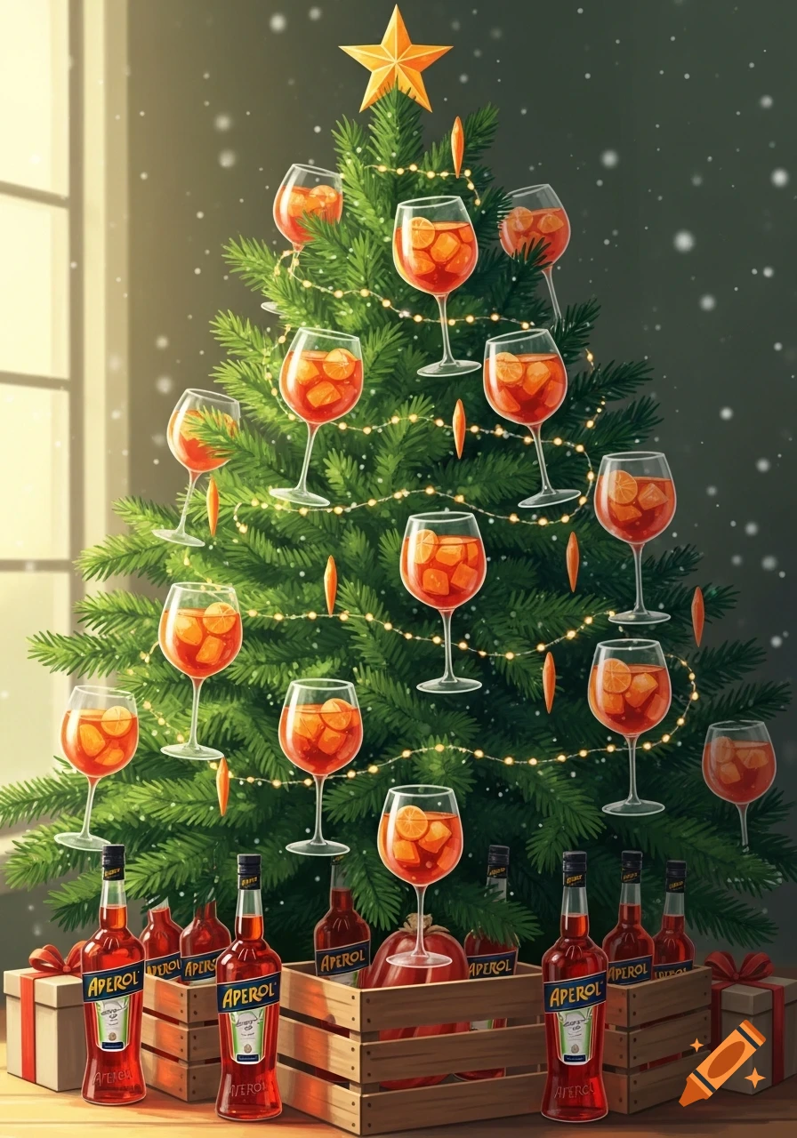 An illustrated Christmas tree decorated with Aperol Spritz glasses and string lights, with Aperol bottles and gifts at its base.