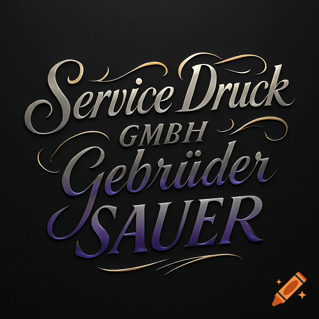 Stylized silver and purple gradient text logo with golden flourishes on a black background, reading 'Service Druck GmbH Gebrüder SAUER'.