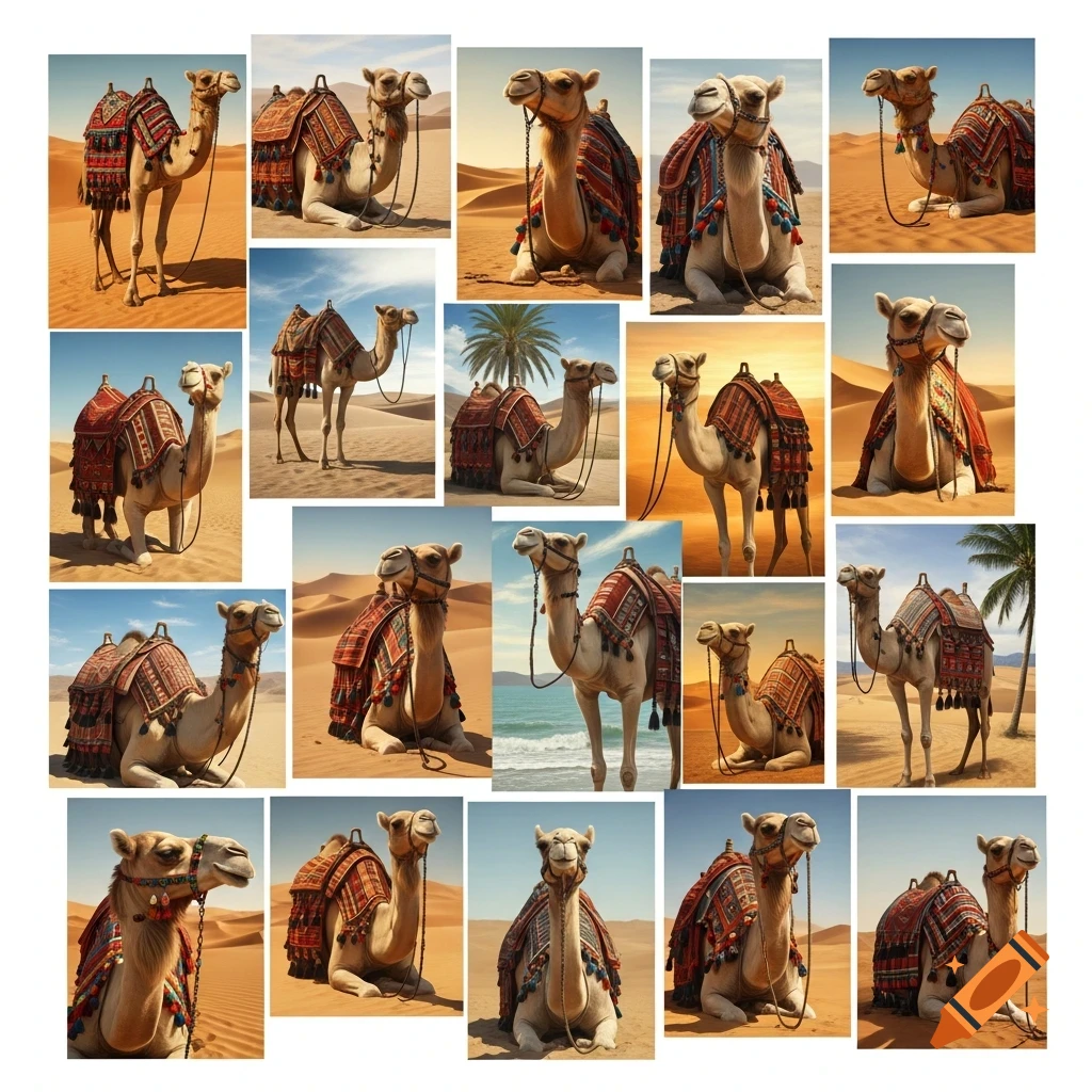 A collage of photorealistic camels standing and sitting in desert and beach settings, adorned with colorful saddles.