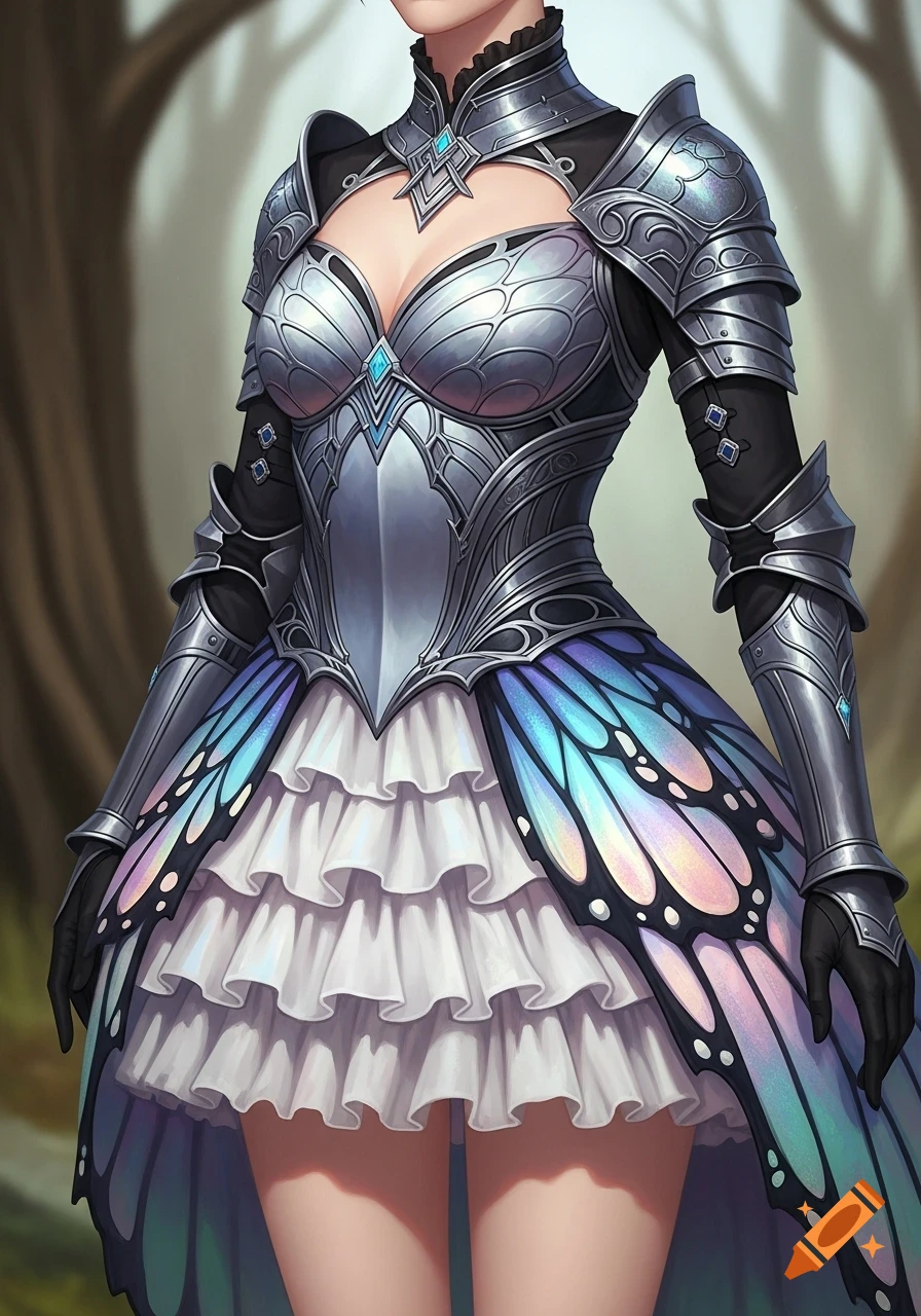 A close-up of a fantasy battle dress featuring silver armor, a white ruffled short skirt, and iridescent butterfly wings.