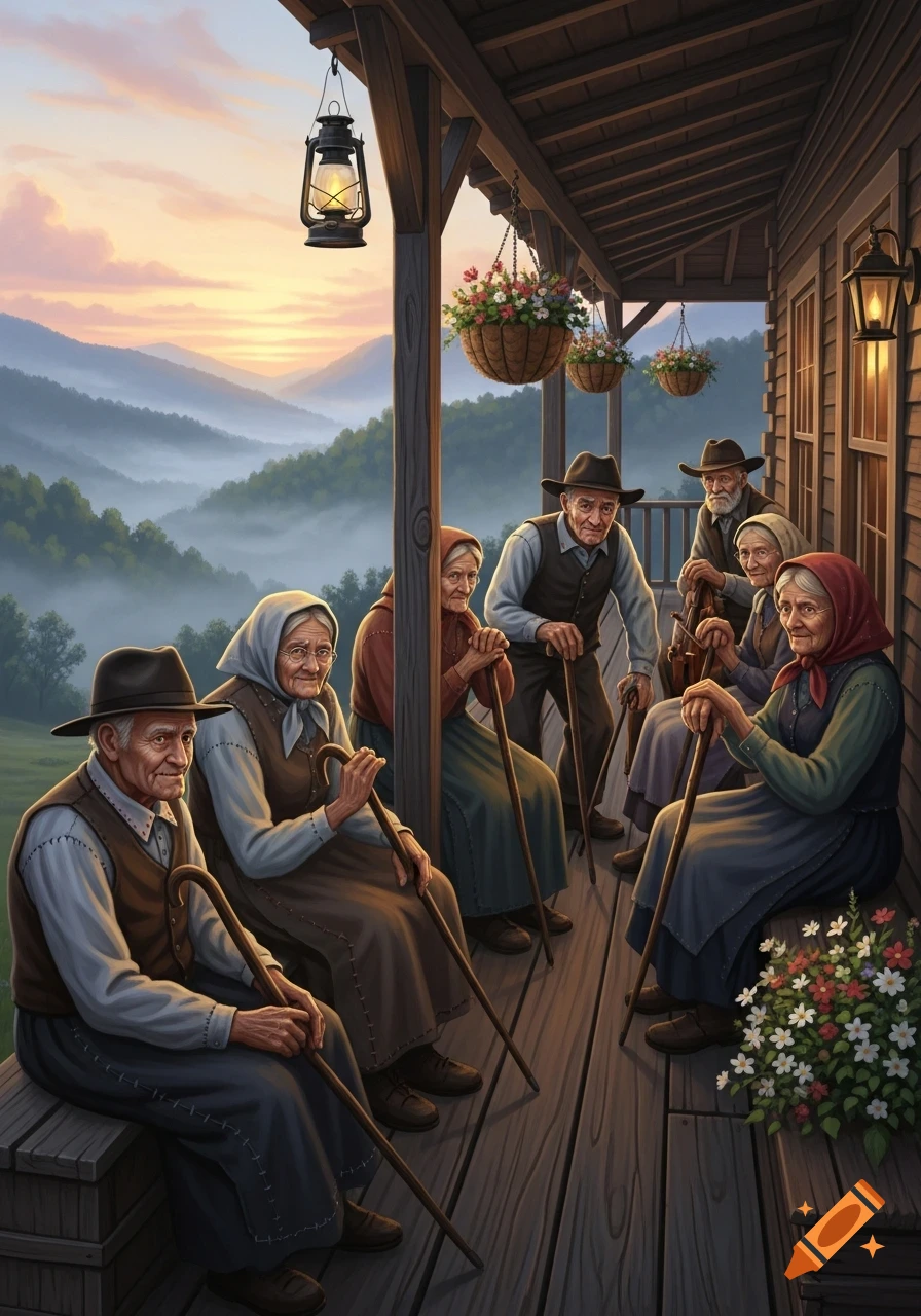 Group of elderly people, men in hats and women in headscarves, sitting on a wooden porch overlooking a misty mountain sunset, holding canes.