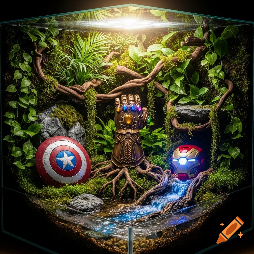 A photorealistic jungle vivarium features a Captain America shield, an Infinity Gauntlet, and an Iron Man helmet with a glowing eye.