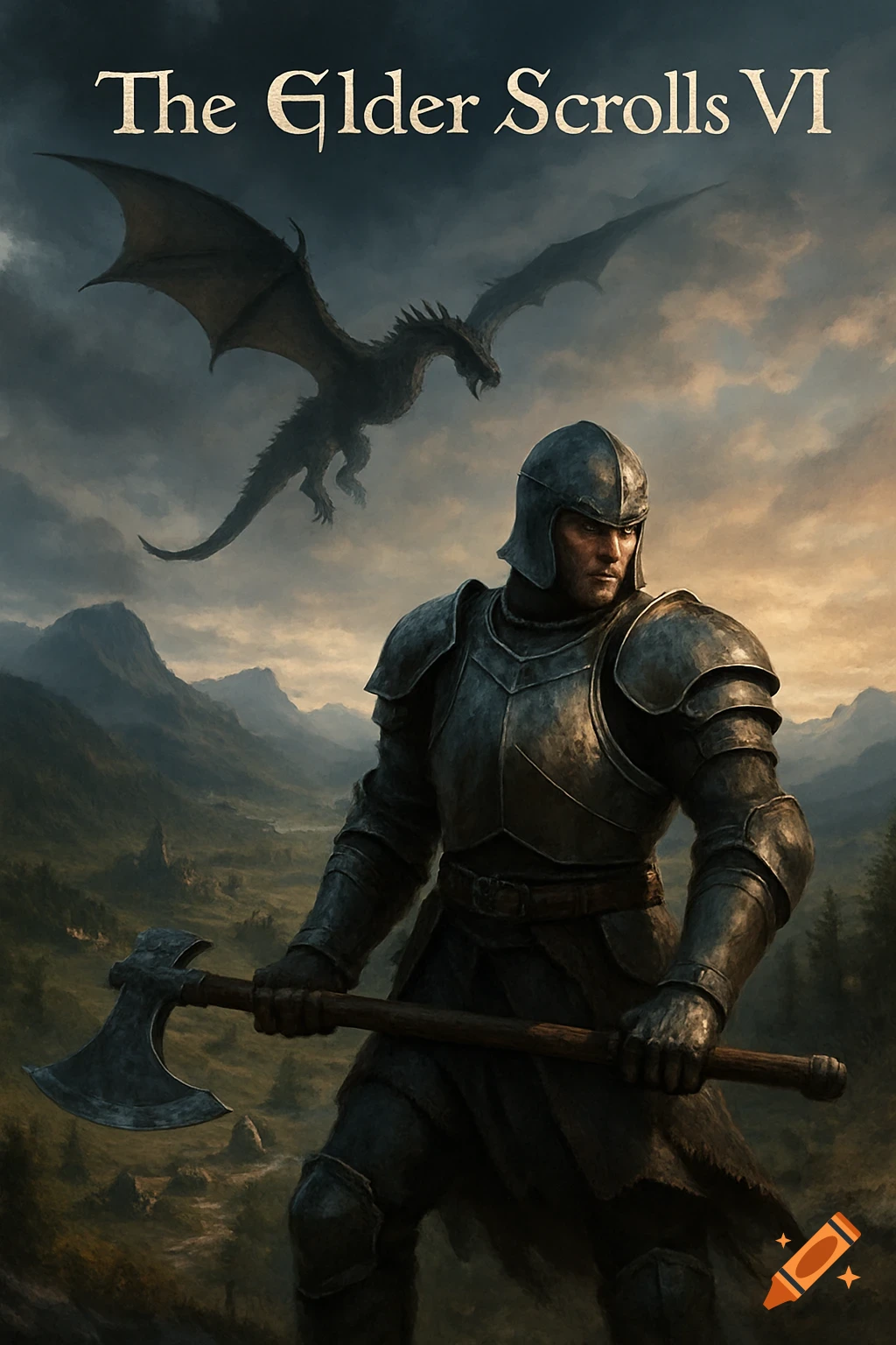 Detailed fantasy art of an armored knight holding a large axe, with a black dragon flying above mountains under a cloudy sky. Title: The Elder Scrolls VI.