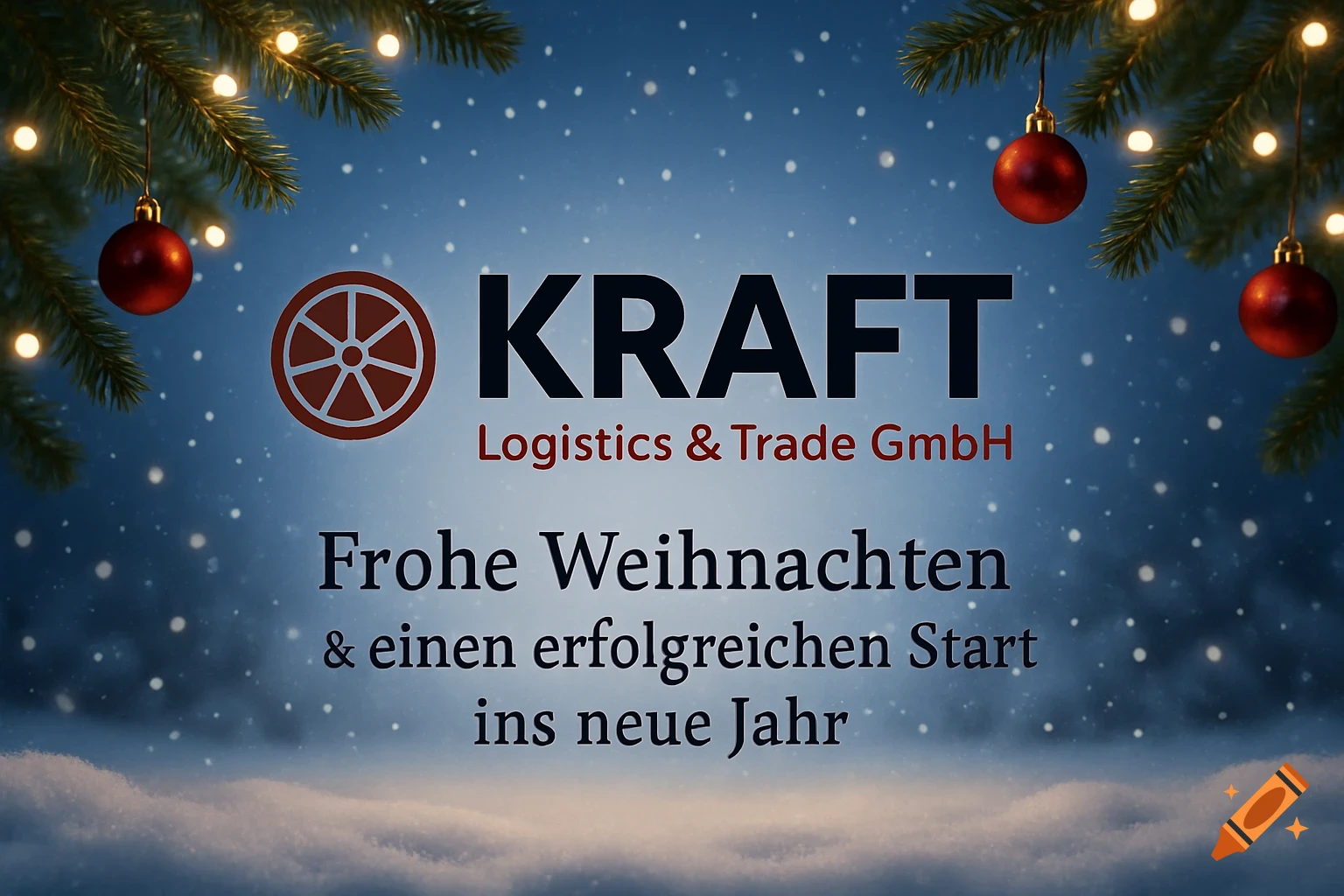 A Christmas greeting card with a company logo for KRAFT Logistics & Trade GmbH, featuring fir branches, red ornaments, and falling snow.