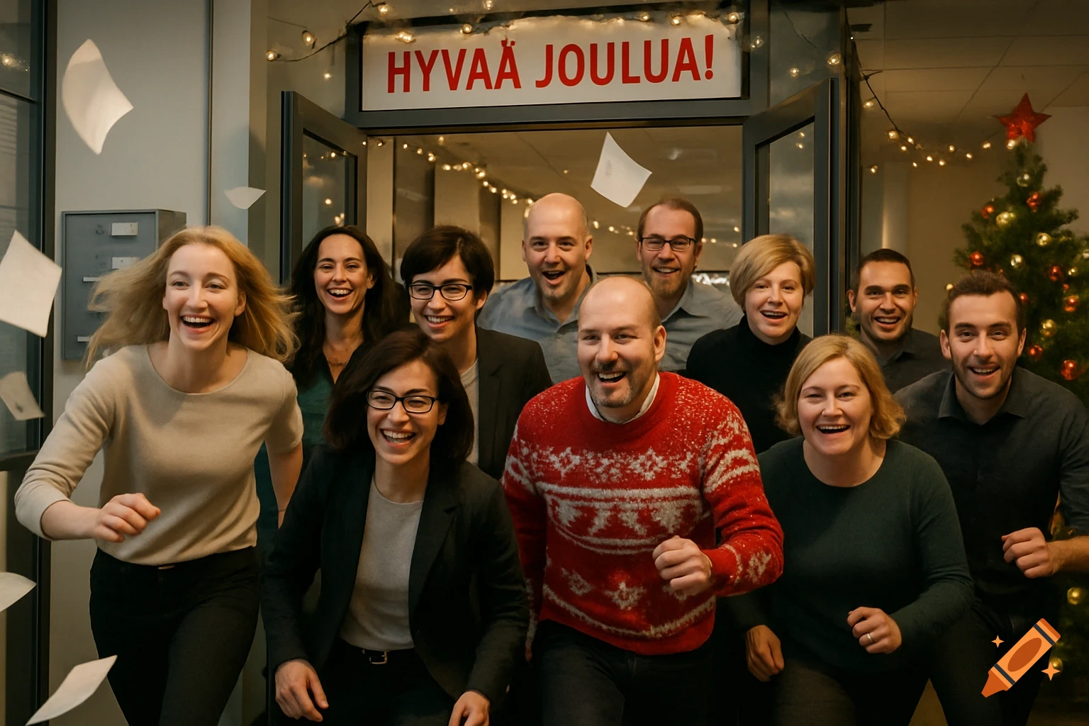 Nine smiling colleagues joyfully run out of a Christmas-decorated office, papers flying, beneath a 'Hyvää Joulua!' sign.