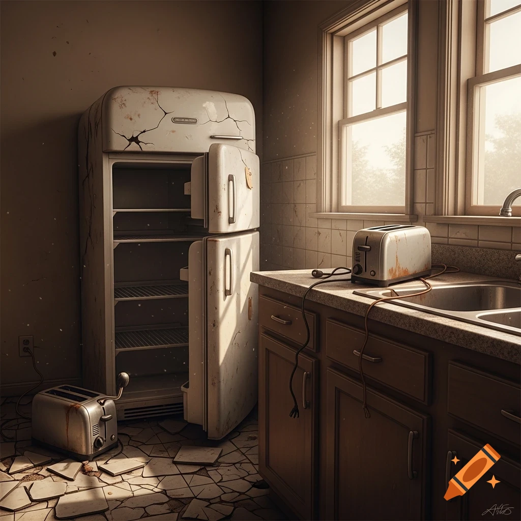 A dilapidated kitchen with a broken refrigerator, a rusty toaster on the counter, and broken tiles on the floor.