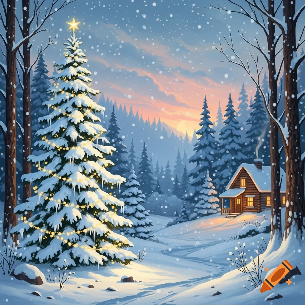 Painterly illustration of a snowy winter forest with a decorated Christmas tree, a cozy cabin, and falling snow at sunset.