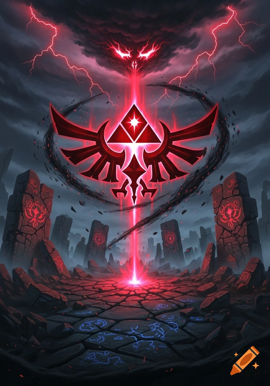 A dark fantasy digital art piece featuring a glowing red Triforce symbol amidst ancient ruins under a stormy sky with red lightning.