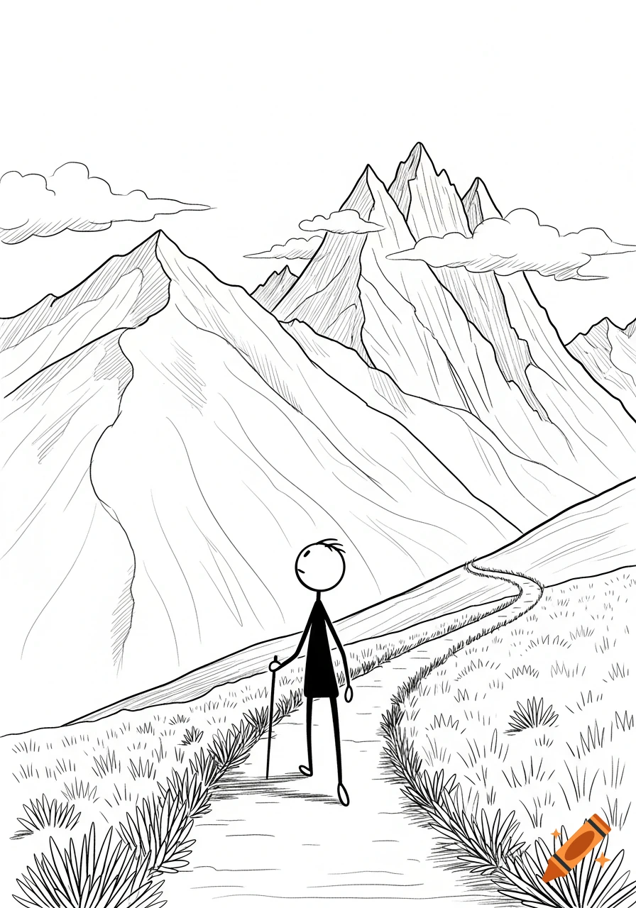 Black and white sketch of a stick figure hiking on a winding path towards large, jagged mountains under a cloudy sky.