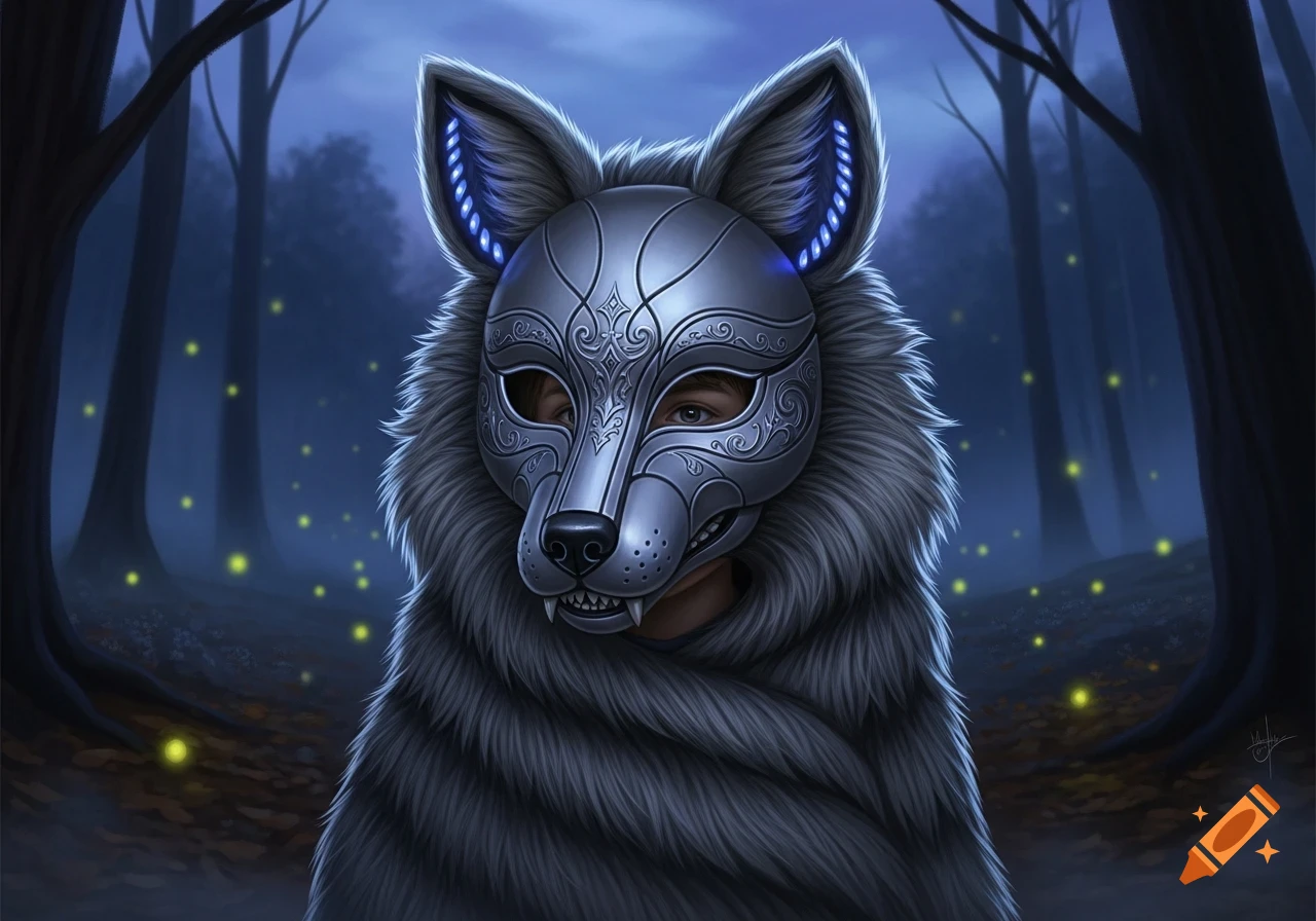 A person wearing an ornate silver wolf mask with glowing blue lights on the ears and a furry grey wolf costume stands in a dark, mystical forest with fireflies.
