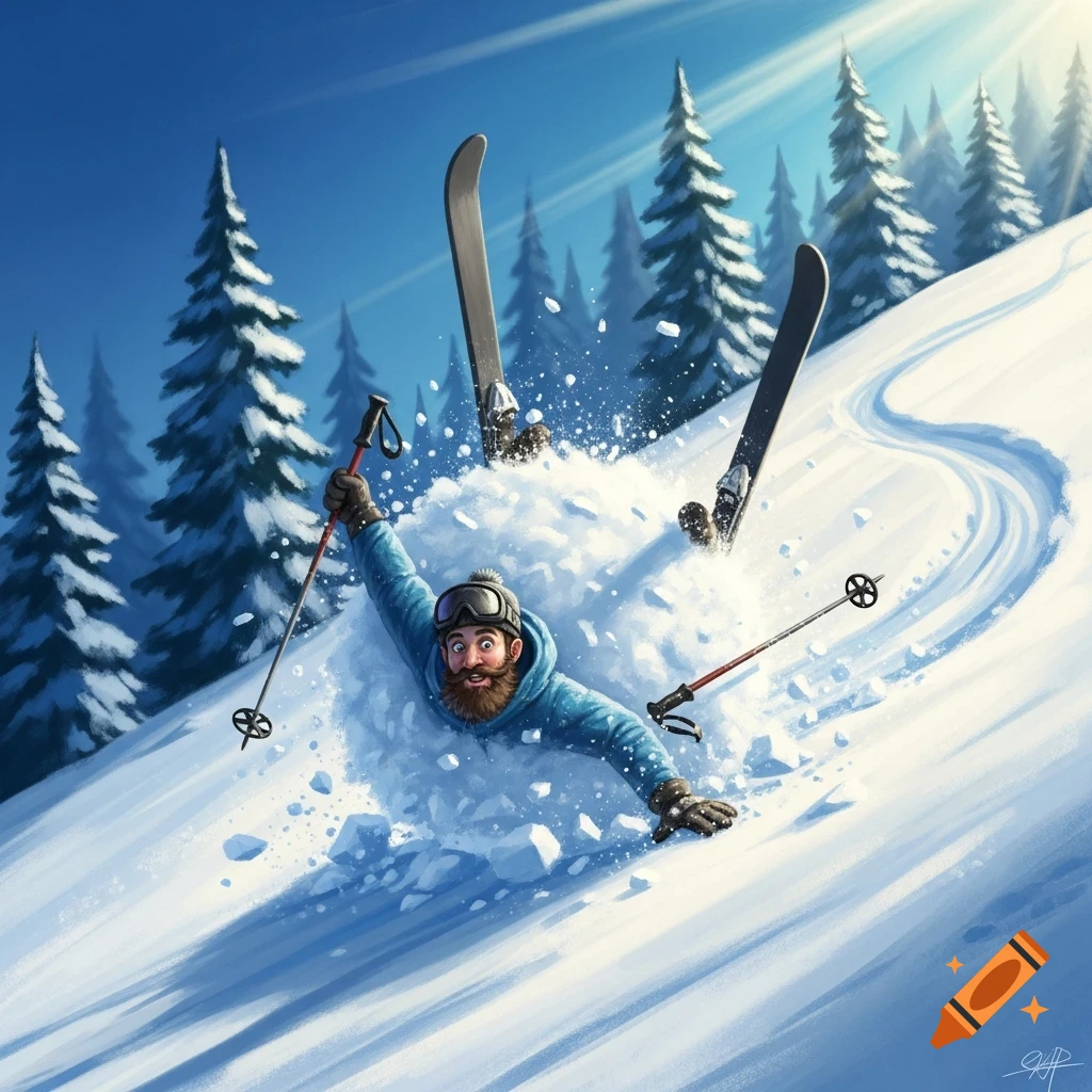 An illustration of a bearded man comically falling headfirst into a snowdrift on a sunny ski slope, with his skis and poles flying around him.
