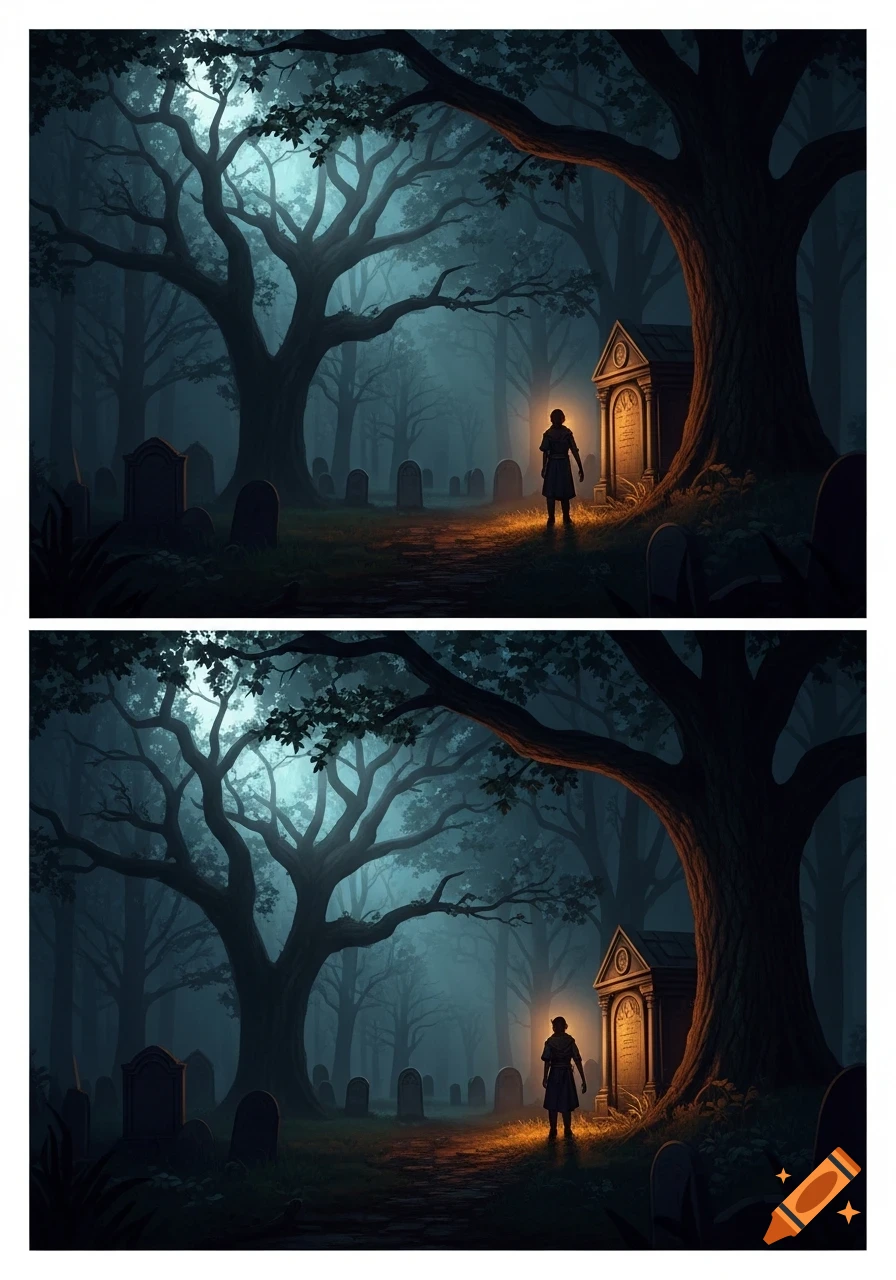 A lone figure with glowing light stands before a mausoleum in a foggy, dark cemetery with large trees, in a dark fantasy style.
