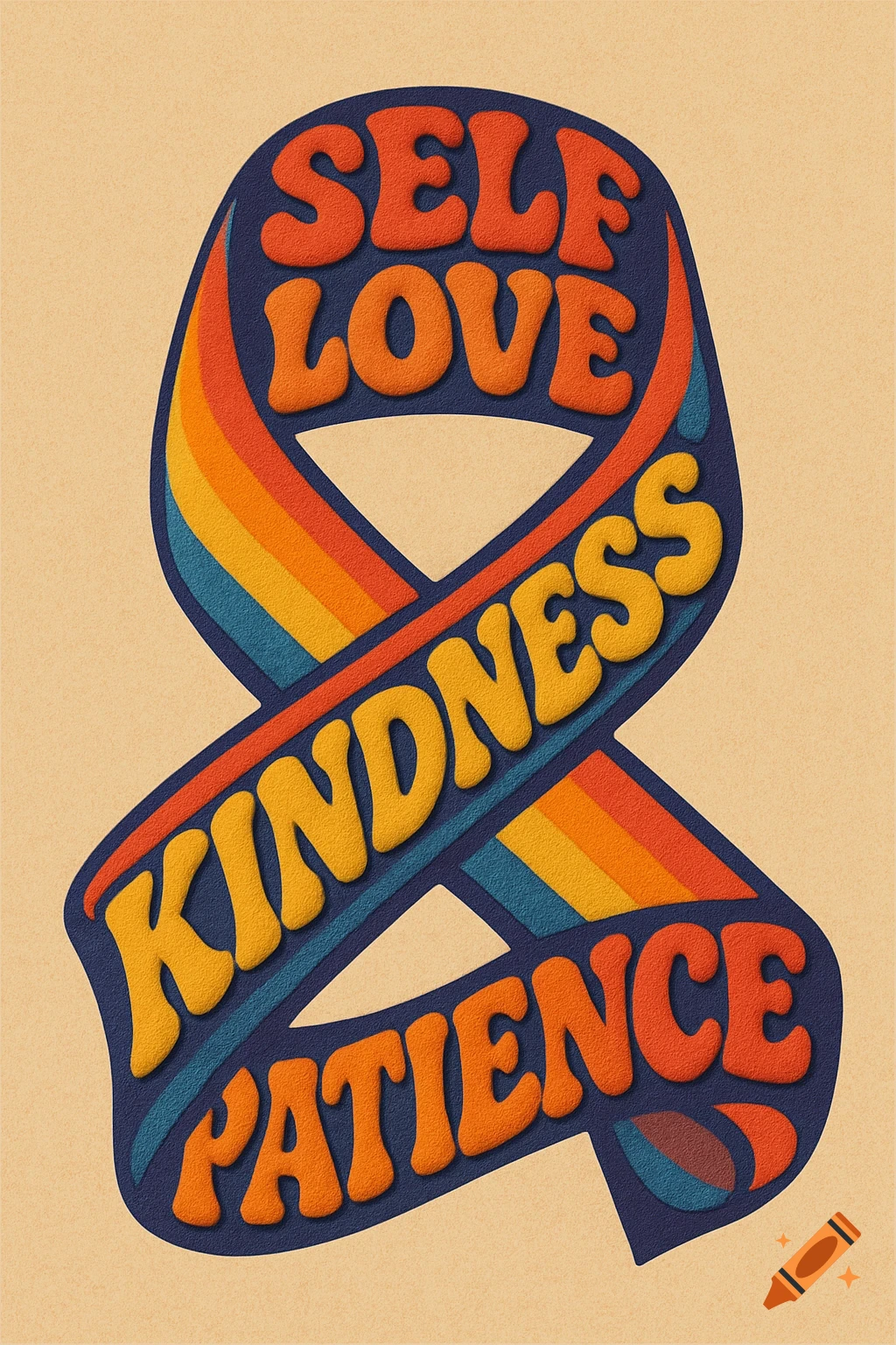 A groovy 1970s-style graphic featuring the words 'SELF LOVE', 'KINDNESS', 'PATIENCE' in orange and yellow puff print bubble letters on a dark blue ribbon with rainbow stripes, all on a beige background.