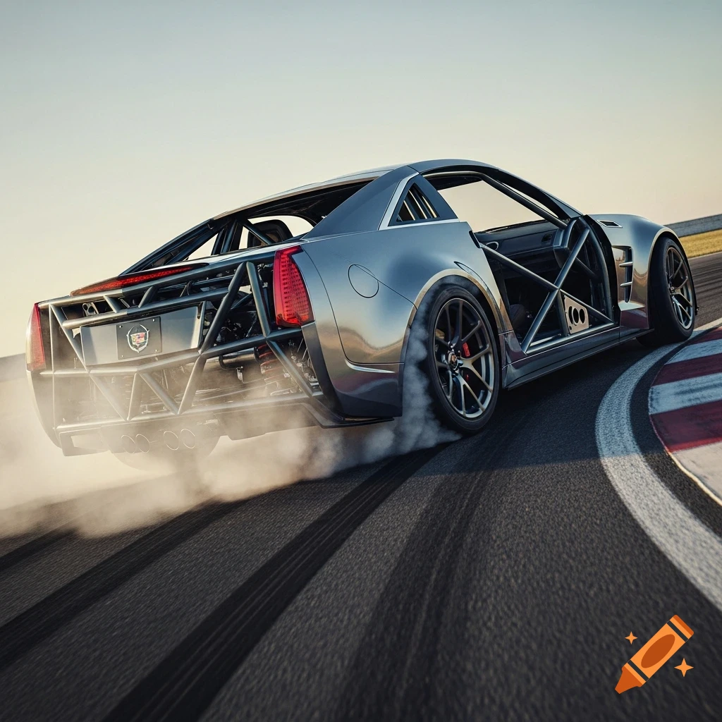 A grey custom tube-frame drift car with an exposed rear chassis drifts, smoking its tires on a race track curve at sunset.