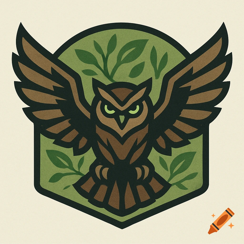 A stylized brown and dark green owl logo with wings spread, set against a green emblem with leaves.