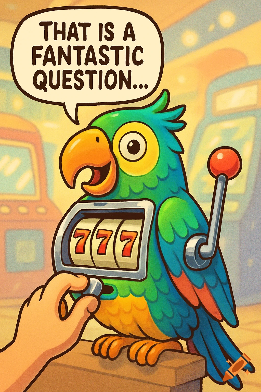 Cartoon parrot slot machine with a hand inserting a coin, saying "That is a fantastic question..." in an arcade.