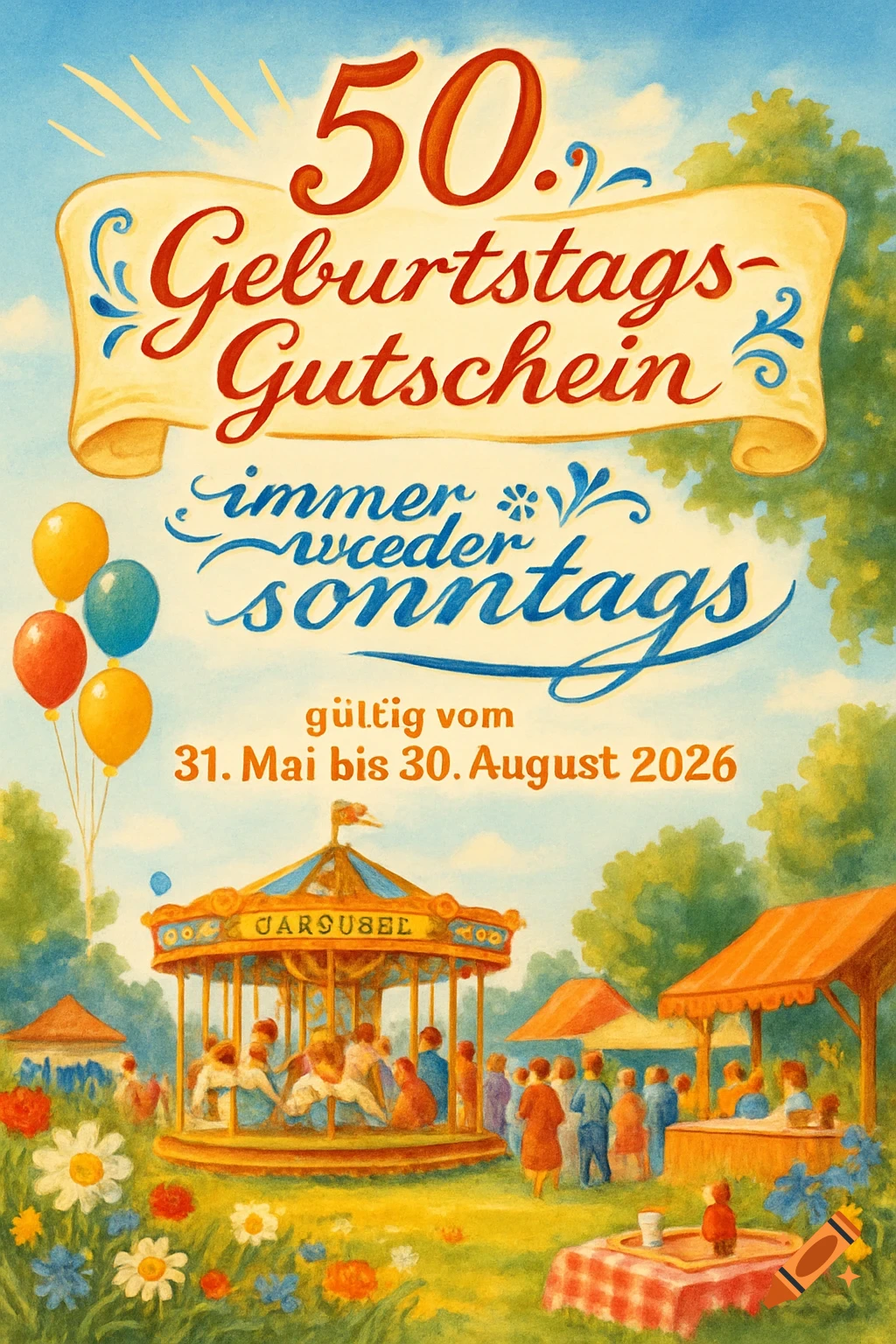 A watercolor-style birthday voucher for the 'Immer wieder Sonntags' show, featuring a vibrant fairground scene with a carousel, people, and balloons.