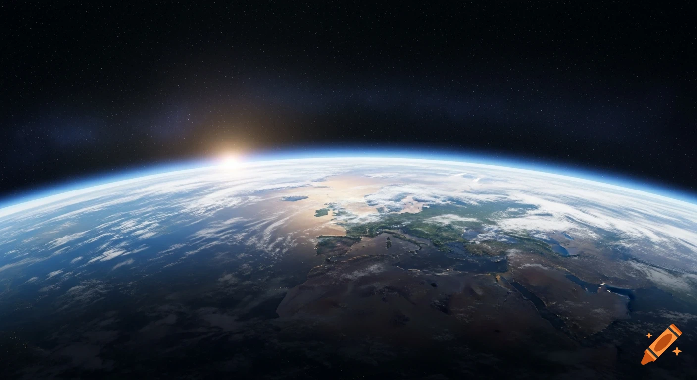 Photorealistic view of Earth from space at sunrise, showing continents, clouds, and deep blue ocean.