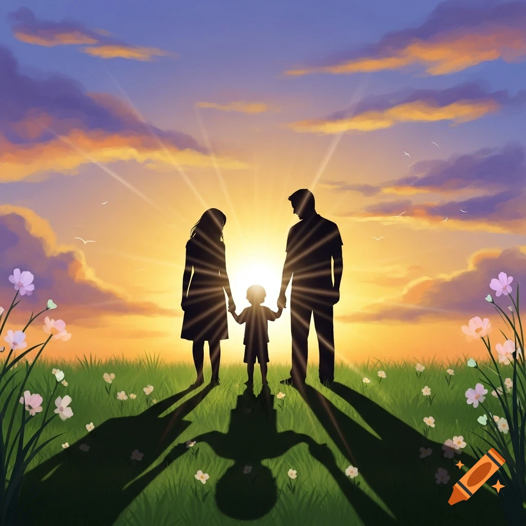 Silhouette illustration of a family (mother, father, child) holding hands in a field of flowers against a vibrant sunset.