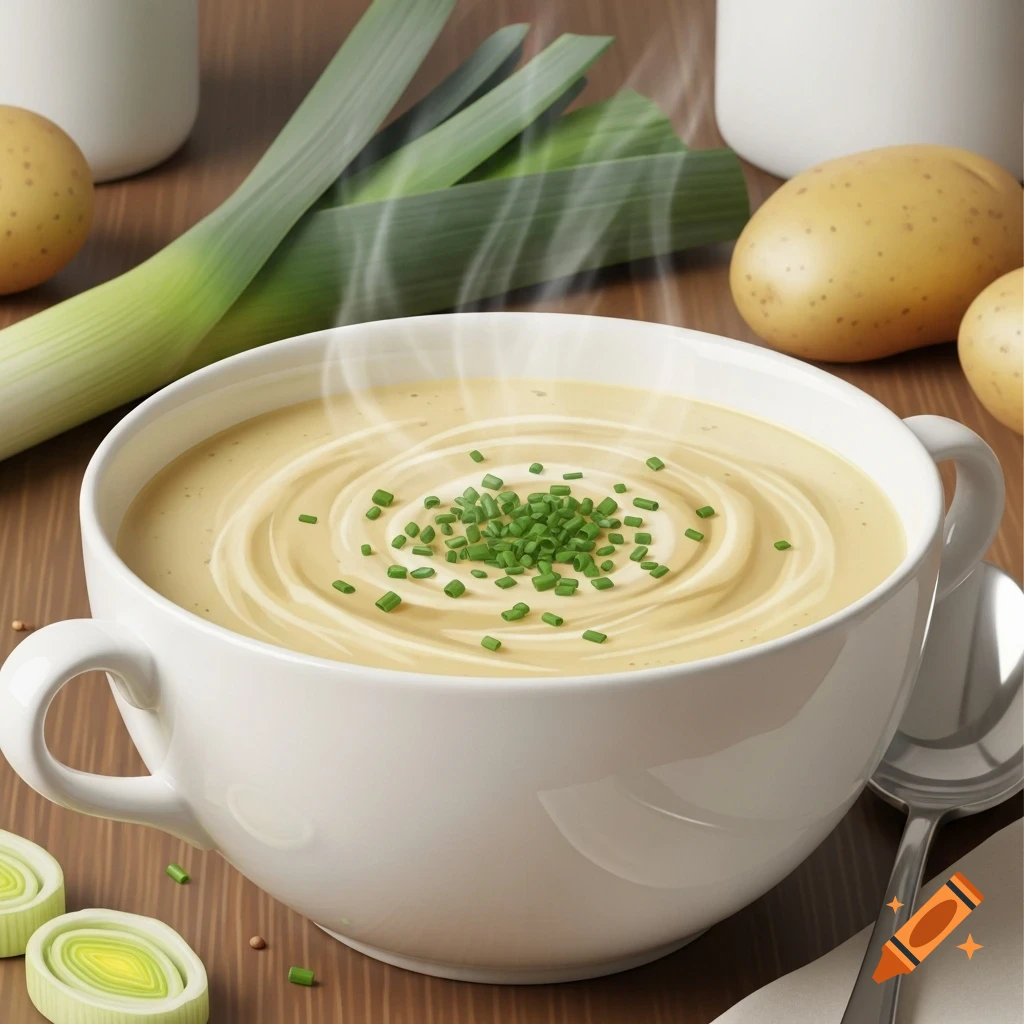 A close-up, photorealistic image of a steaming bowl of creamy potato and leek soup, garnished with chives. Fresh leeks and potatoes are visible in the background on a wooden table.