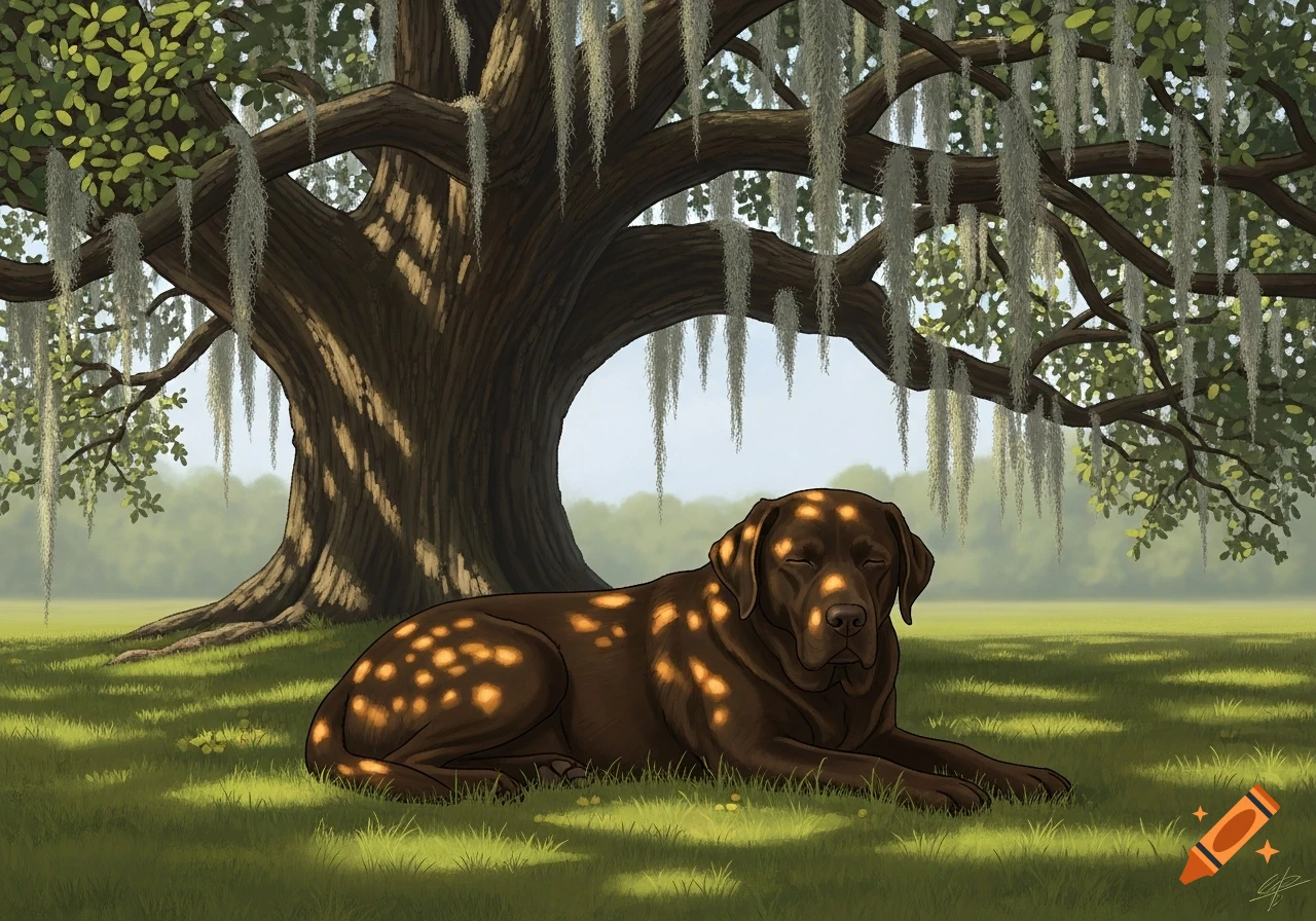 An illustrative image of a brown Labrador dog resting in dappled sunlight under an ancient oak tree with Spanish moss.