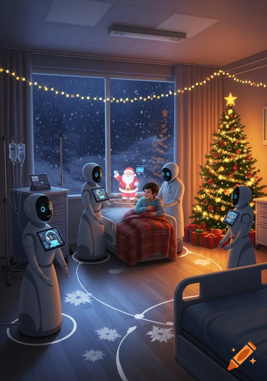 A child in a futuristic hospital bed watches a holographic Santa, with medical robots, Christmas lights, and a decorated tree.