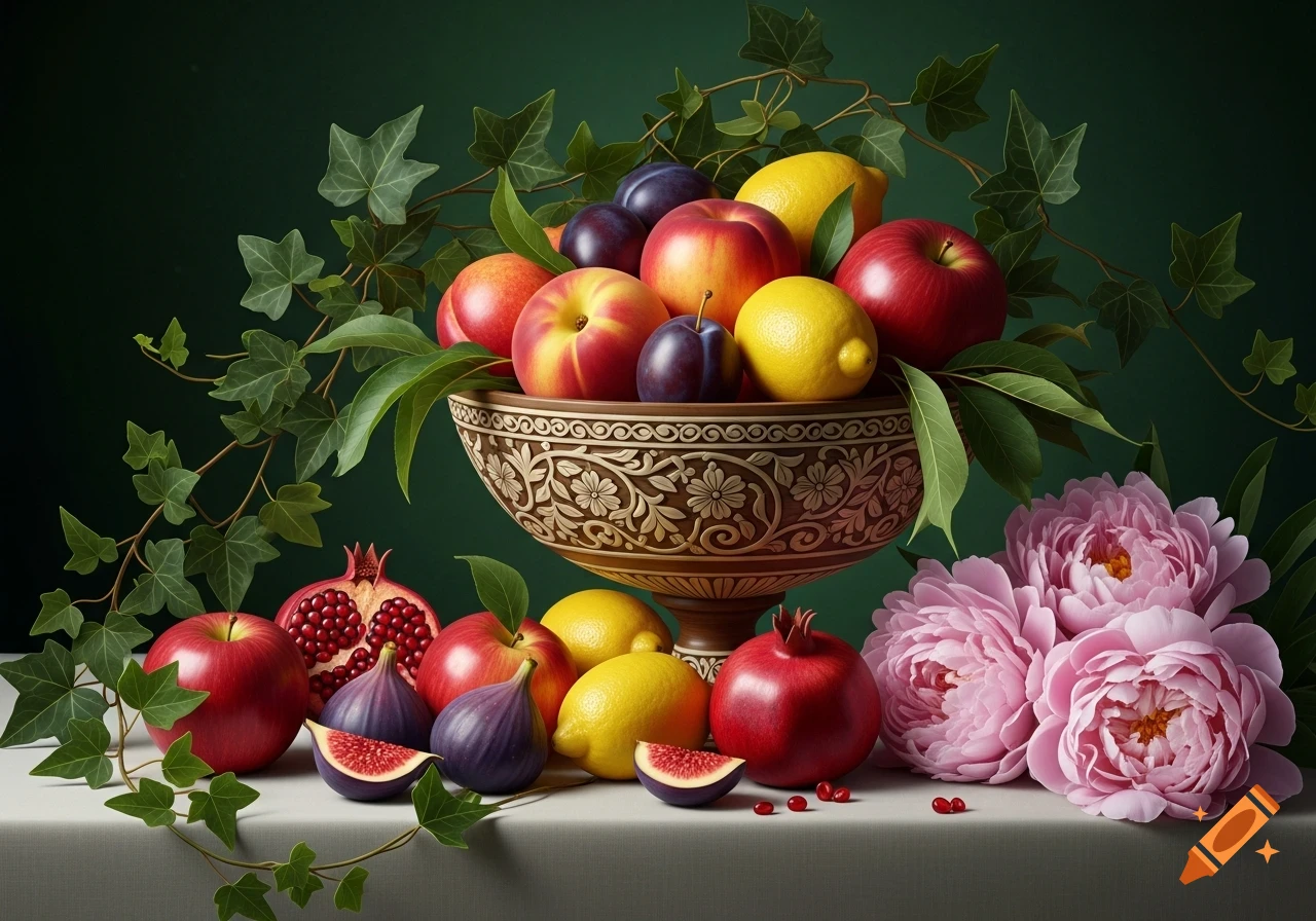 A vibrant still life of apples, lemons, plums, pomegranates, and figs with pink peonies and ivy on a white tablecloth.