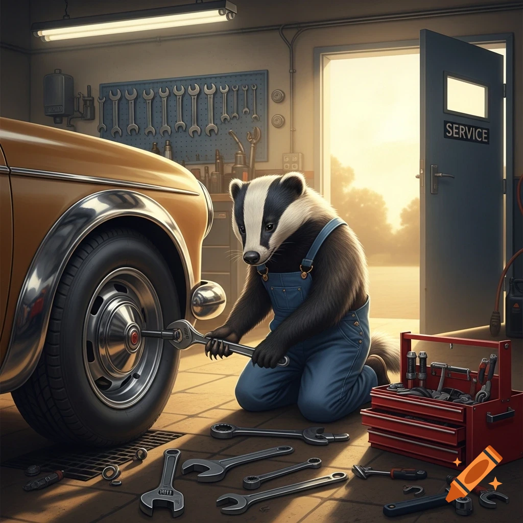 A photorealistic anthropomorphic badger in blue overalls kneels, fixing a car tire with a wrench in a sunlit garage.