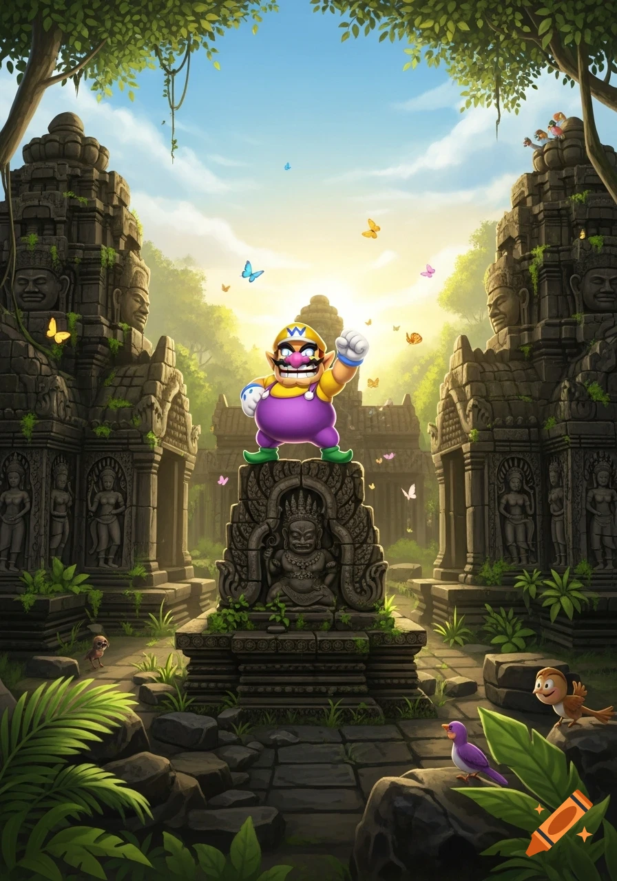 Wario stands triumphantly on ancient stone temple ruins, surrounded by lush jungle, butterflies, and birds, under a vibrant sky in a cartoon style.