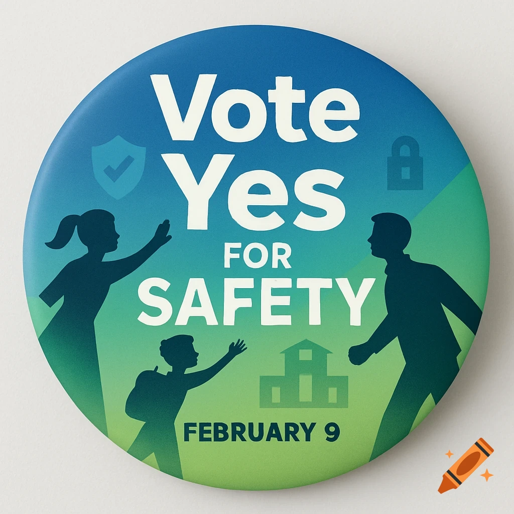 A blue and green gradient button with text 'Vote Yes FOR SAFETY FEBRUARY 9' and silhouettes of a woman, child, and man.