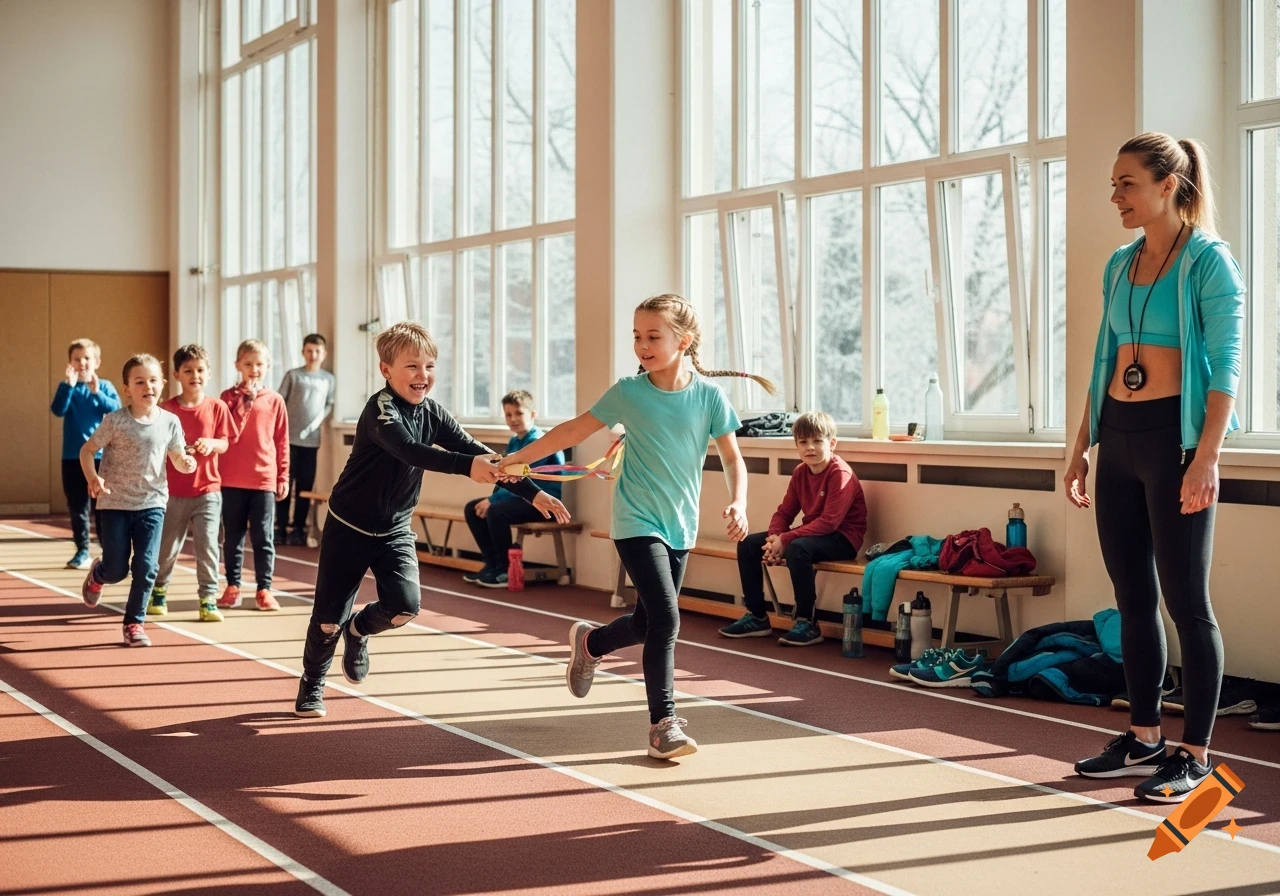 Children participate in a lively relay race in a bright school gym, overseen by a female instructor.