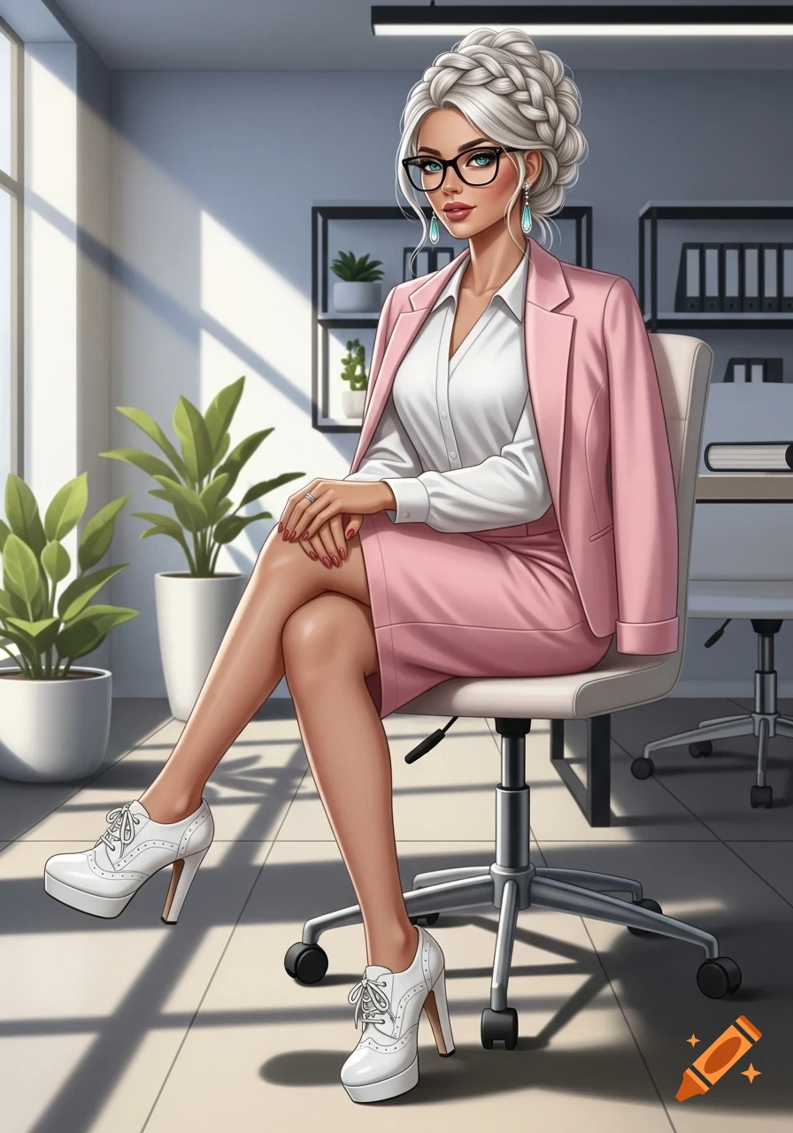 A stylish woman in a pink suit and white heels, with a braided blonde bun and glasses, sits in a sunlit office, illustrated in digital art.