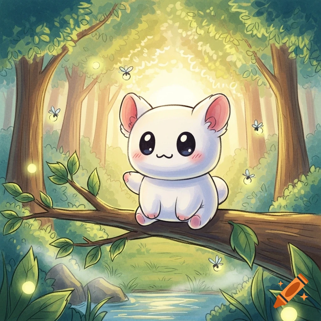 A cute, white, marshmallow-like creature with pink ears sits on a tree branch in a sunlit cartoon forest with fireflies.