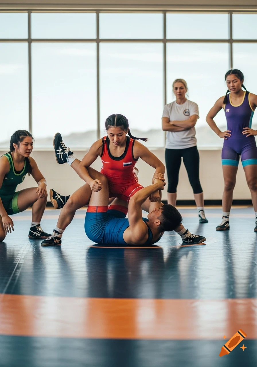 An athletic female wrestler in a red singlet pins a male wrestler on a mat, while teammates in green, white, and purple watch in an indoor gym.