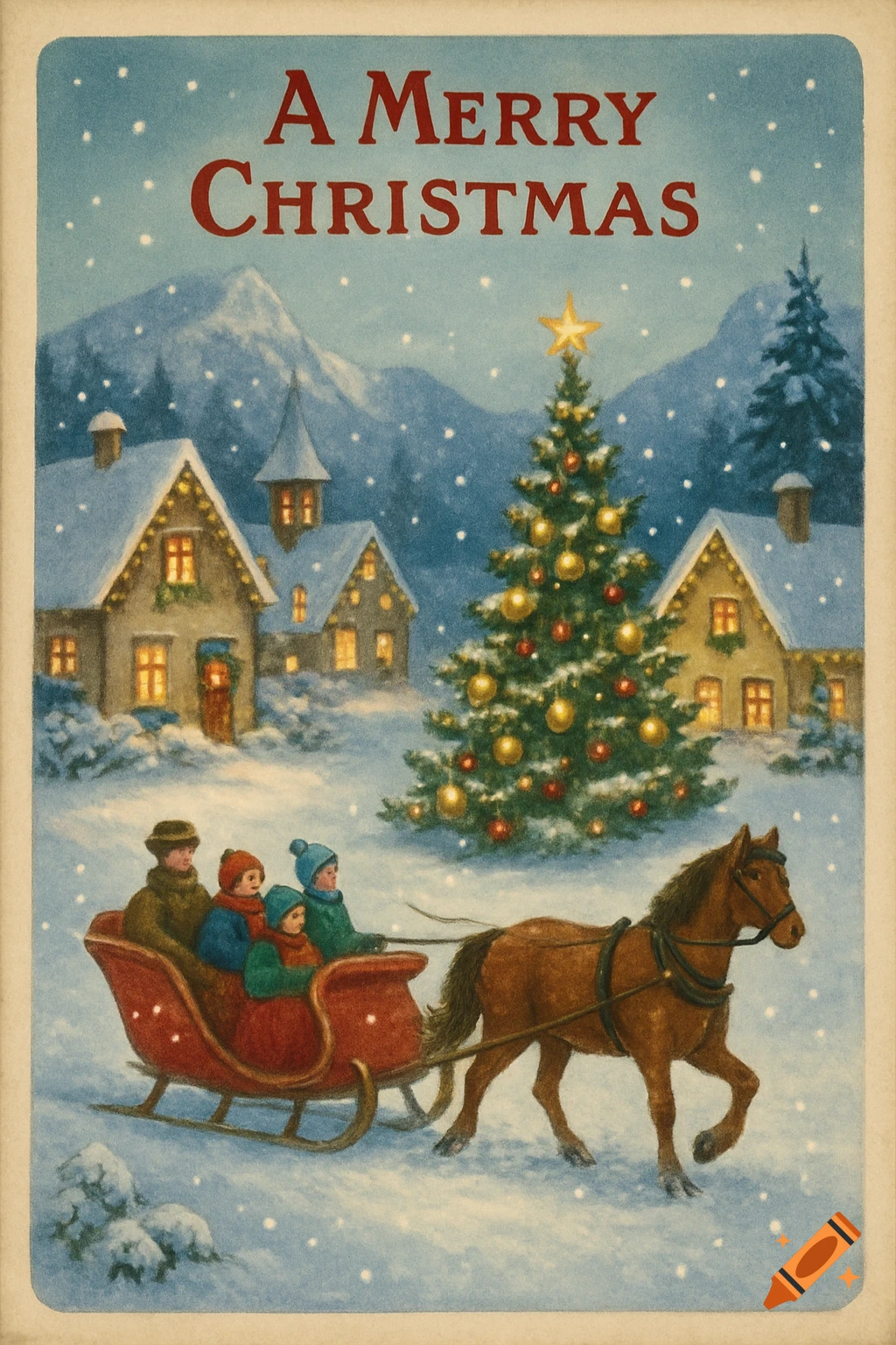 A vintage Christmas postcard illustration showing a horse-drawn sleigh with people in the snow, a decorated Christmas tree, and snow-covered houses, with "A Merry Christmas" text at the top.
