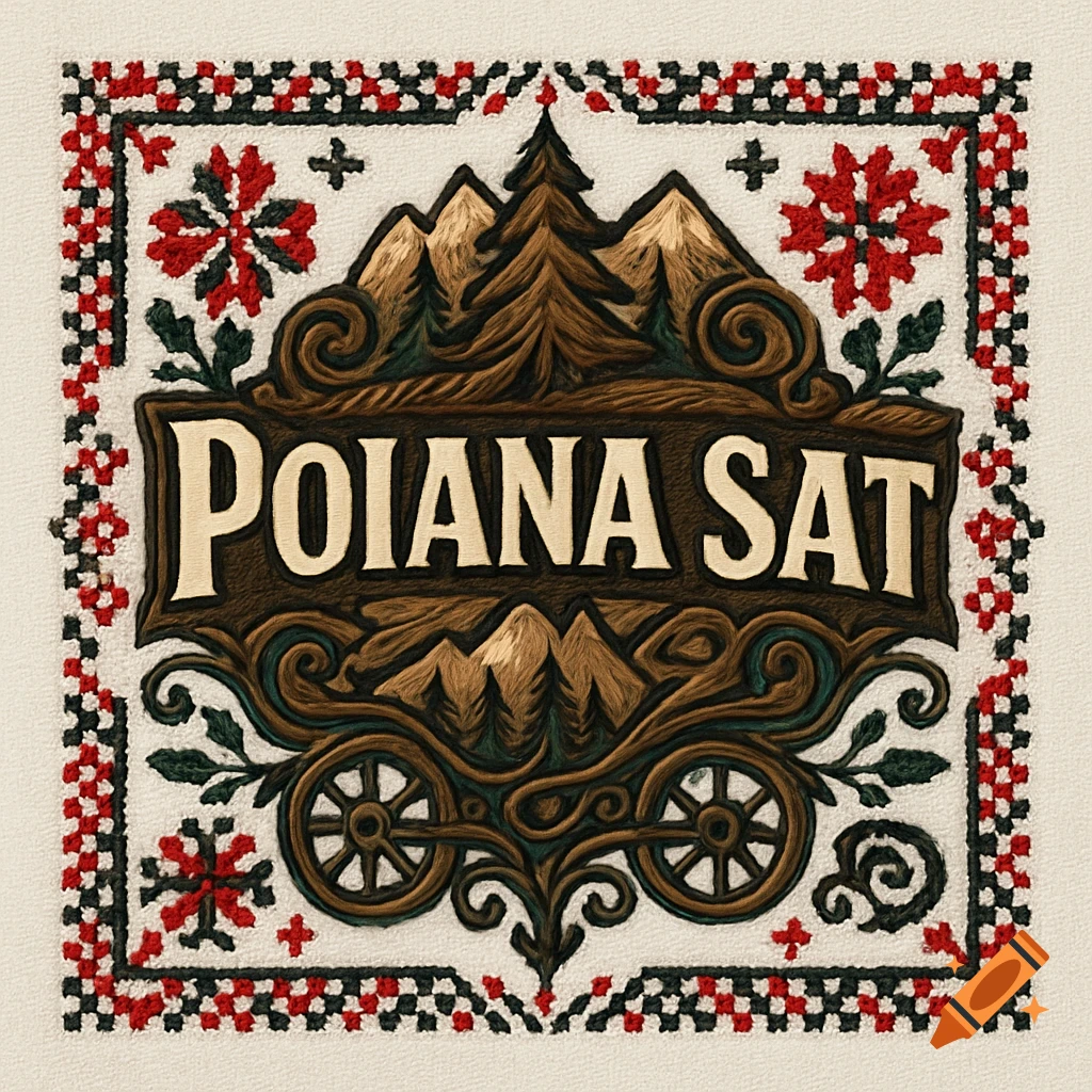 A rustic emblem in traditional Romanian folk art style. It features "POIANA SAT" text, carved wood mountains and fir trees, and stylized wagon wheels, all framed by an embroidered border of red, black, and white geometric patterns.