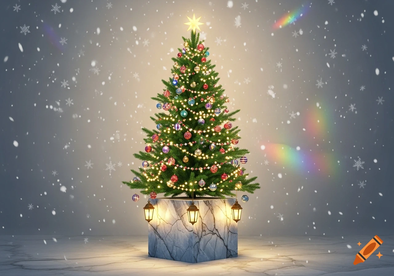 A festive Christmas tree adorned with colorful ornaments and lights ...