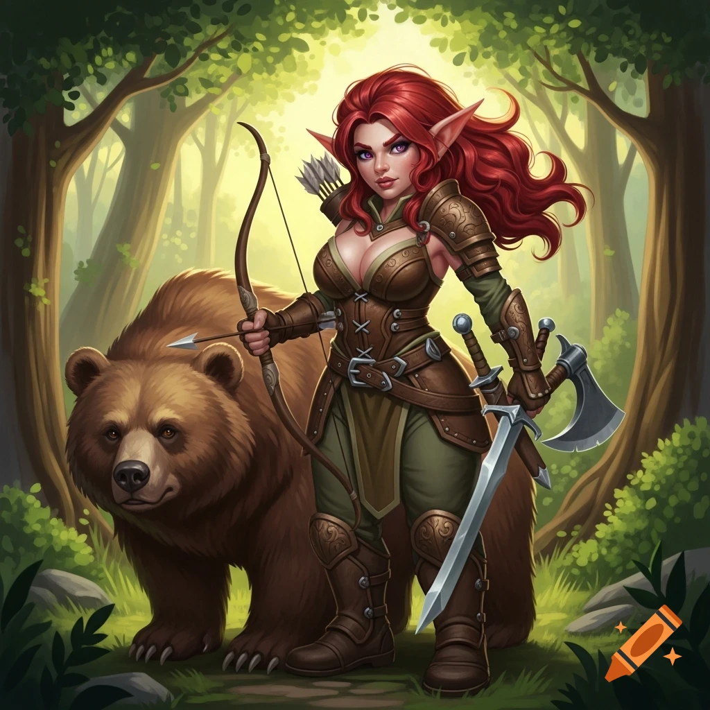A red-haired female ranger in leather armor, holding a bow and weapons, stands with a bear in a sunlit fantasy forest.