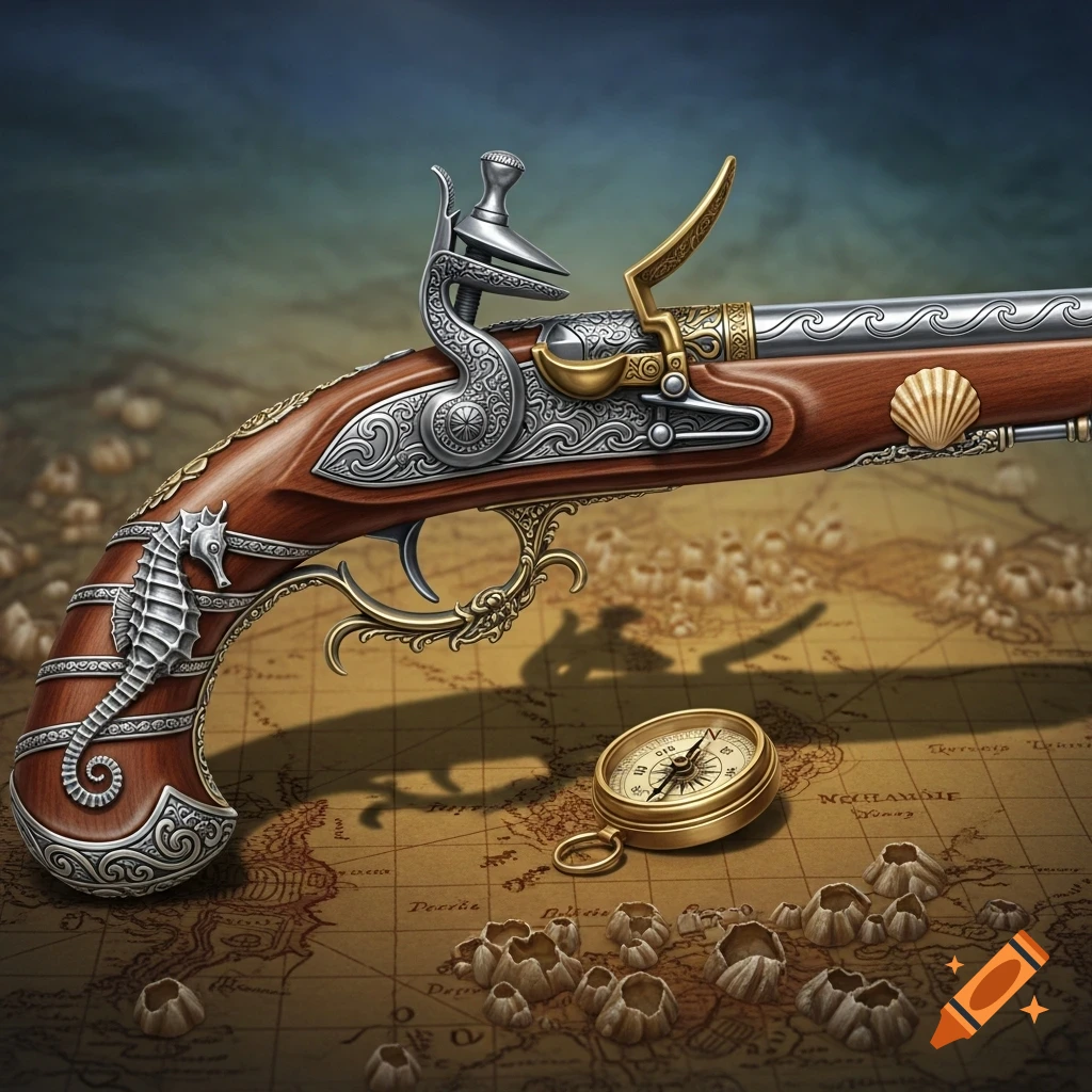 An ornate pirate flintlock pistol with seahorse and seashell decorations rests on an old map next to a brass compass.