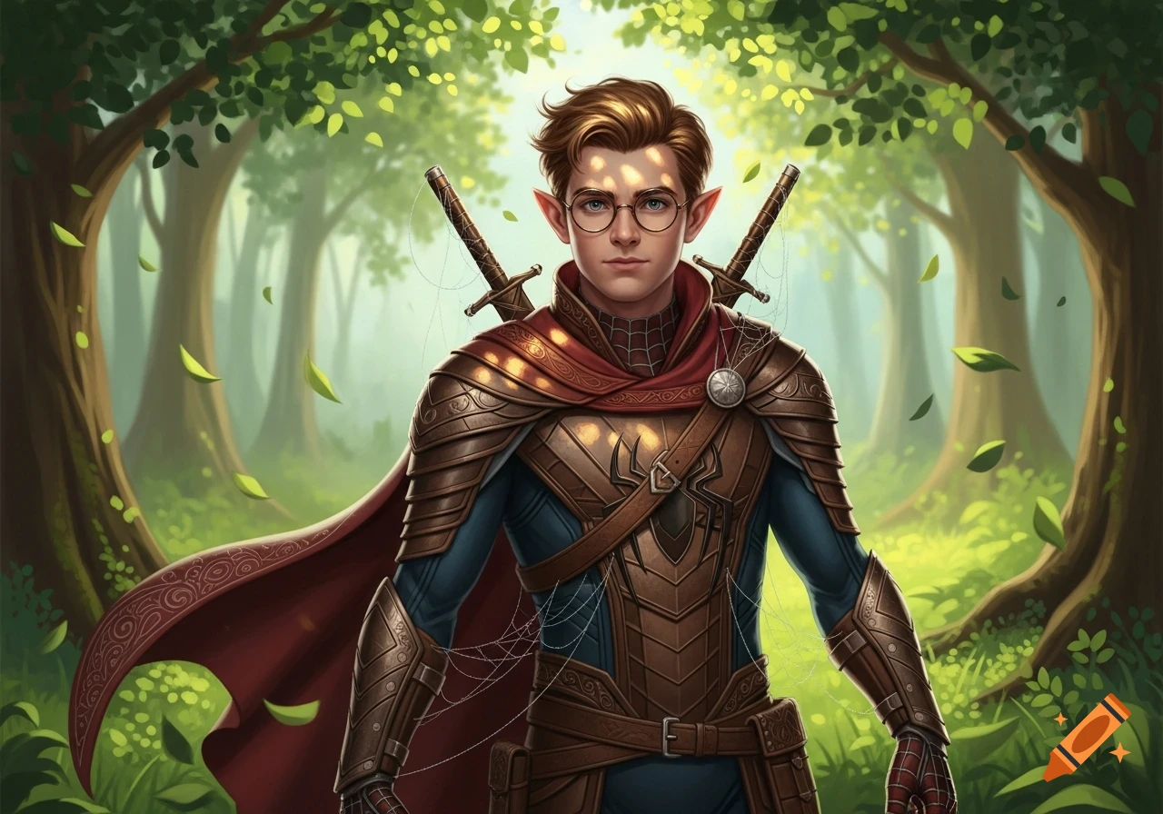 A youthful wood elf resembling Peter Parker, wearing glasses and intricate brown leather and metal armor with a red cape, stands in a vibrant sunlit forest. Two swords are sheathed on his back, and subtle spiderweb patterns adorn his clothing.