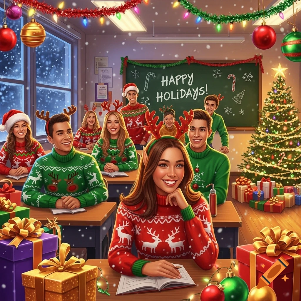 Students in festive Christmas sweaters and reindeer headbands celebrate in a decorated classroom with a Christmas tree and gifts.