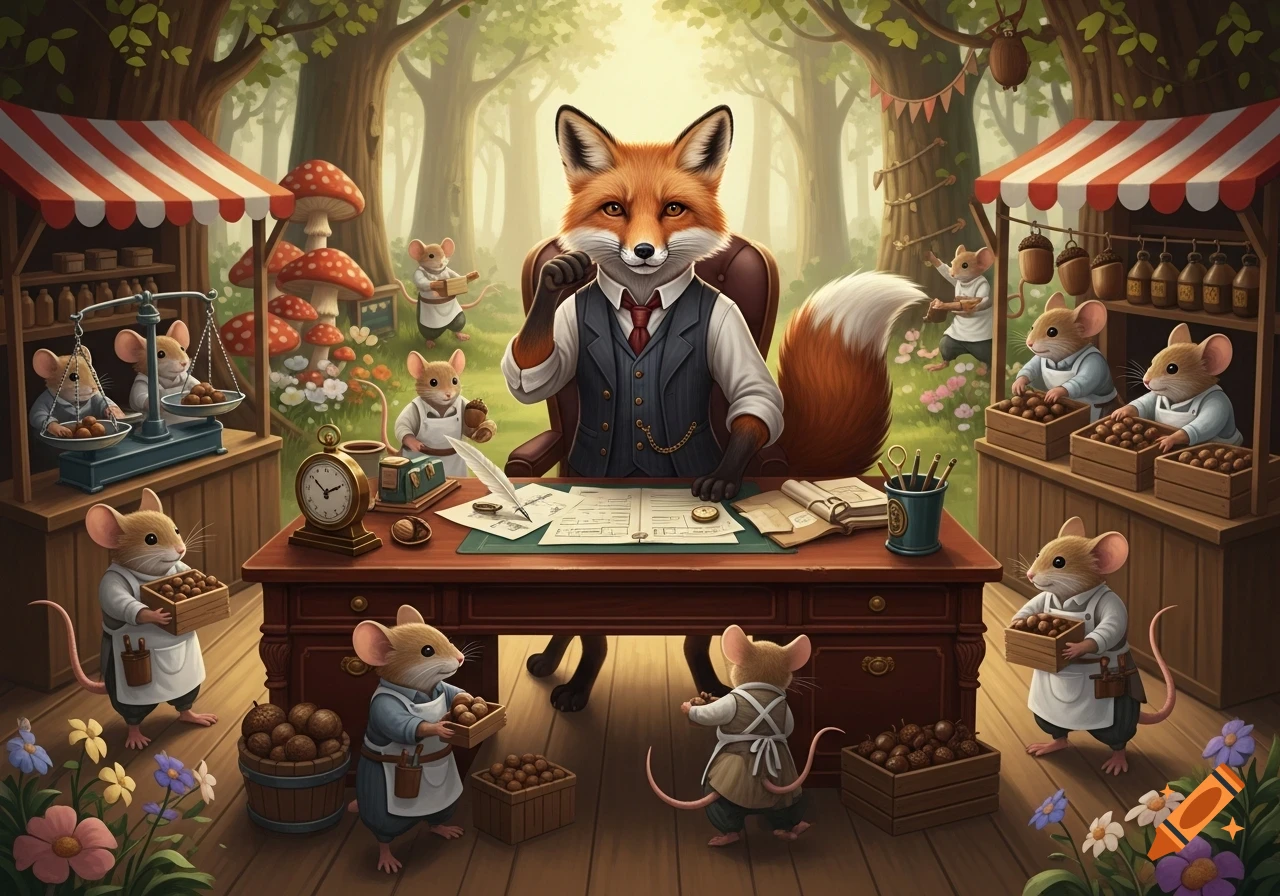 A wise fox, dressed as a businessman, sits at a desk in a forest as numerous mice workers diligently manage market stalls filled with nuts.