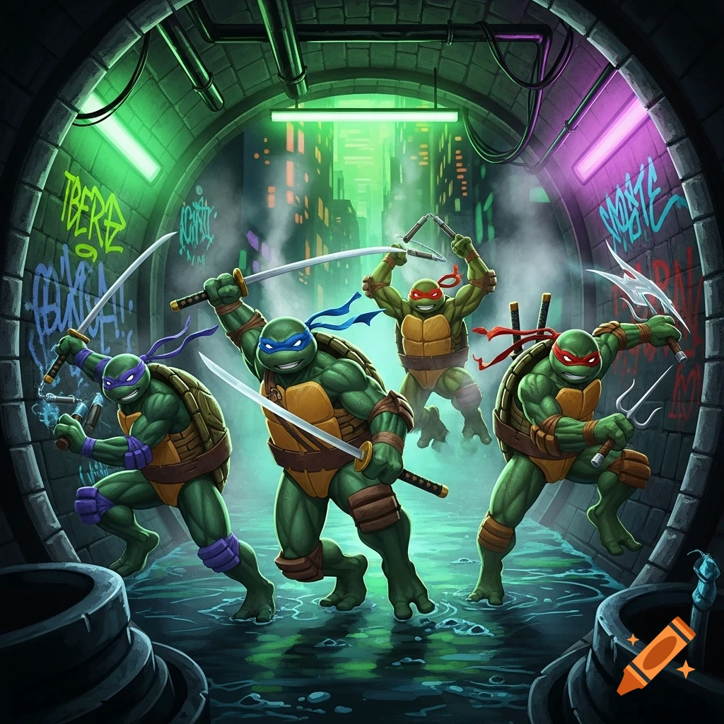 Four Teenage Mutant Ninja Turtles in a dynamic pose, emerging from a neon-lit sewer tunnel into a city street, in a cartoon illustration.