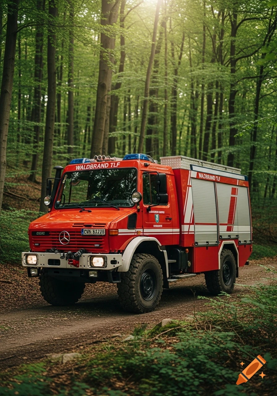 Red Unimog fire truck with 'WALDBRAND TLF' on it, on a dirt path in a lush green forest. Photorealistic.
