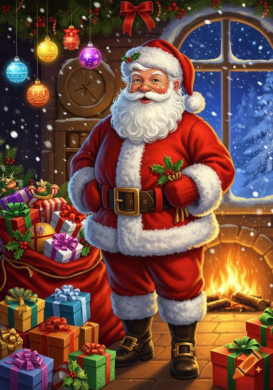 A joyful Santa Claus in a red suit stands in a festive room adorned with Christmas decorations, gifts, a fireplace, and a snowy window.