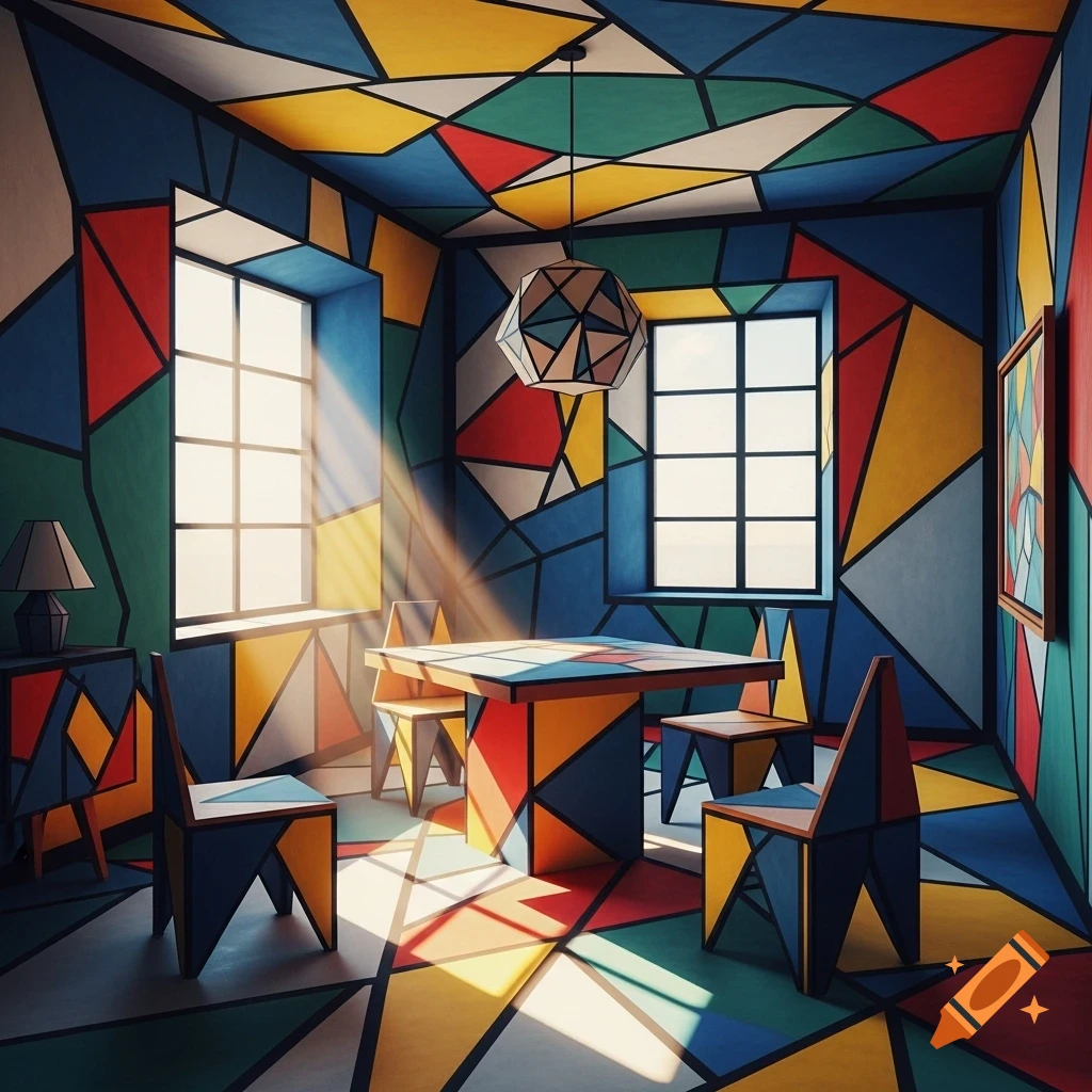 A vibrant room decorated in a Cubist style with geometric shapes and bold colors covering all surfaces, featuring a dining table and sunlight.