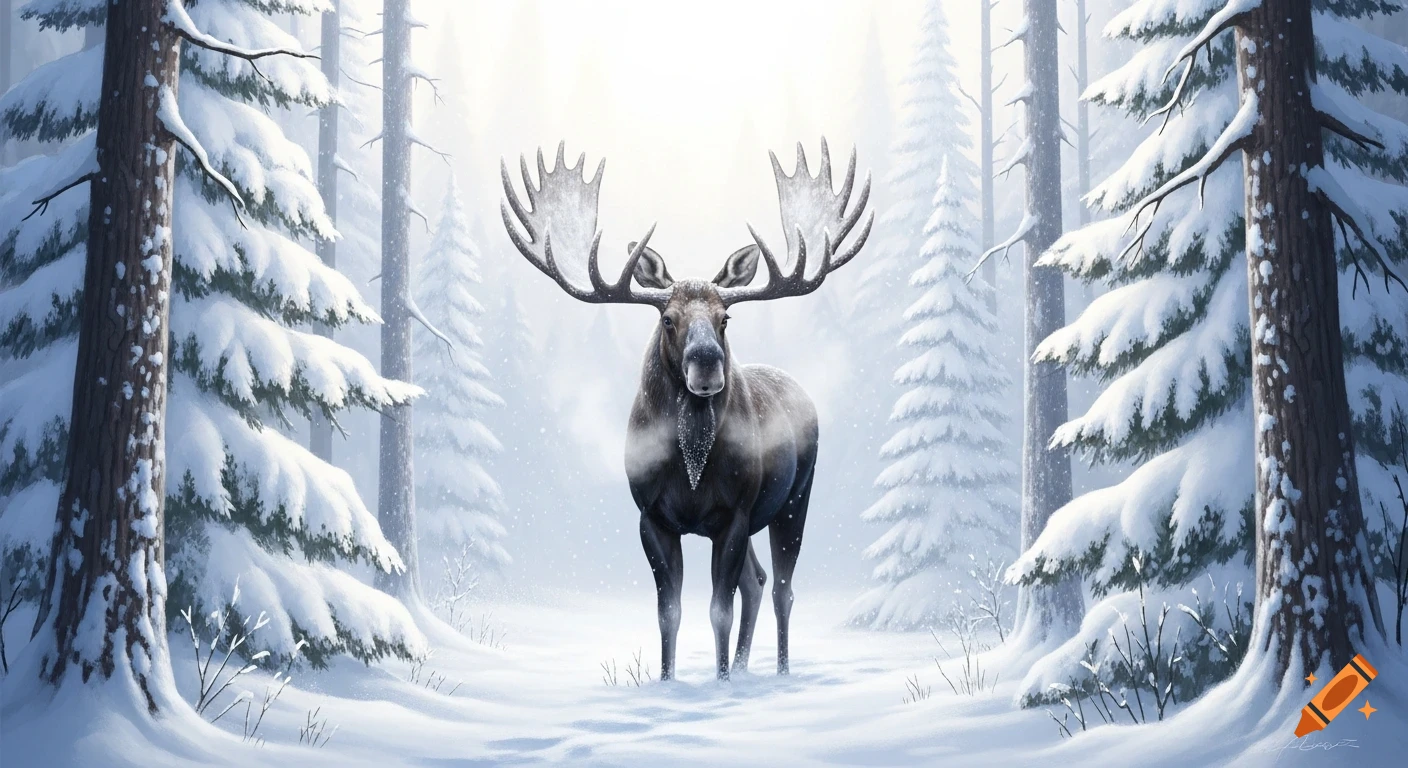 A majestic moose stands in a snow-covered forest during winter, a digital painting.