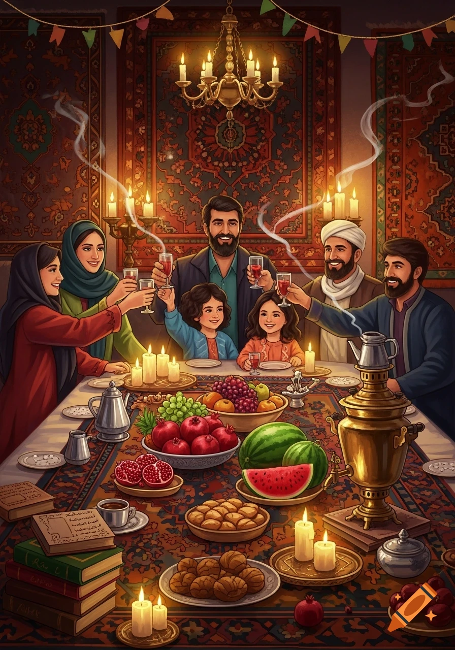 Illustrated Persian family celebrates Yalda Night, toasting at a candlelit table with pomegranates, watermelon, and a samovar.