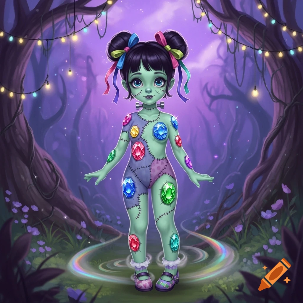A cute Frankenstein monster girl with green skin and stitches, adorned with colorful gemstones, stands in a whimsical purple forest.