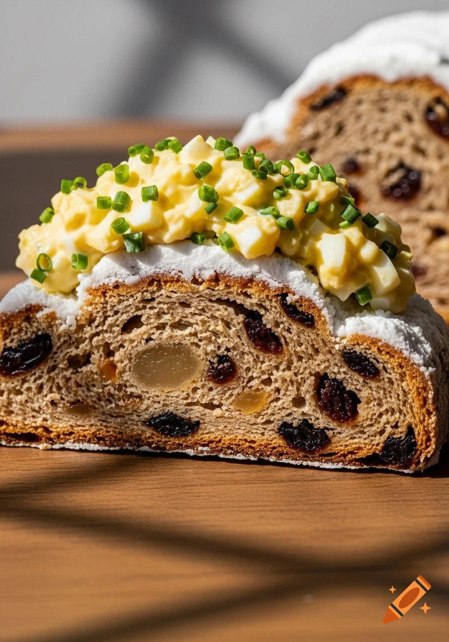 Close-up of a slice of stollen bread topped with fluffy yellow egg salad and chopped green chives on a wooden surface.